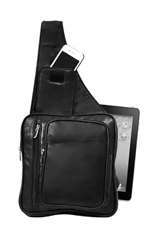 RM001L BK Cowhide Sling bag with mesh water and phone holder